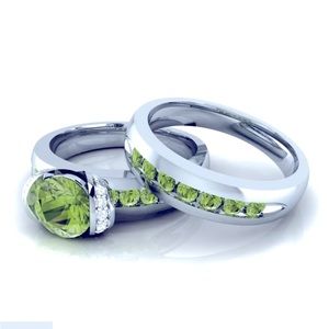 New Sterling Silver Peridot White Sapphires 2pc Ring Set